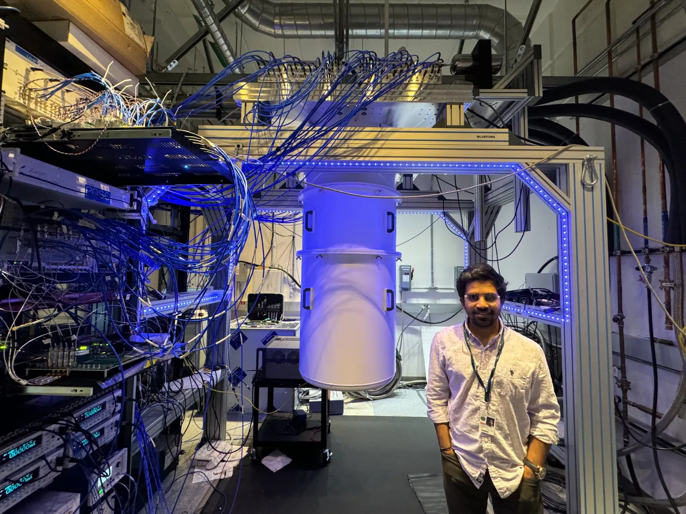 Devanshu at a superconducting qubit control system, Berkeley Lab